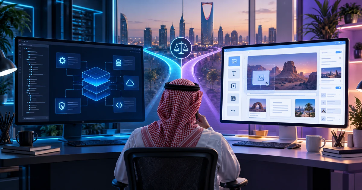 مقارنة بصرية بين الموقع المبرمج أم ووردبريس على شاشتي حاسوب دون نصوص داخل الصورة