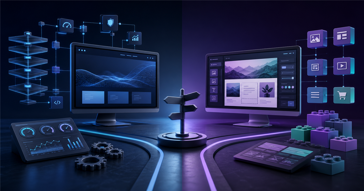 مقارنة بصرية بين الموقع المبرمج أم ووردبريس على شاشتي حاسوب دون نصوص داخل الصورة